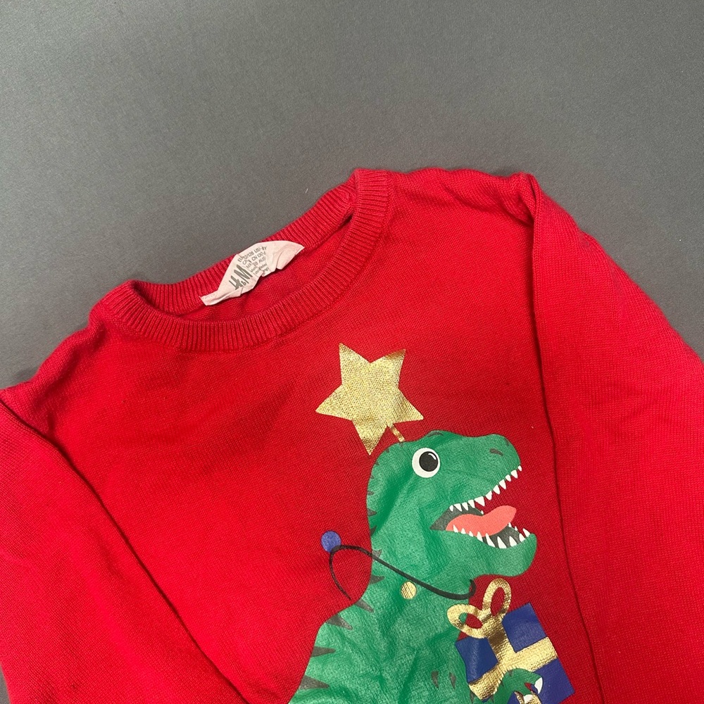 H&M Red Sweater with Green Dinosaur and Gold Star